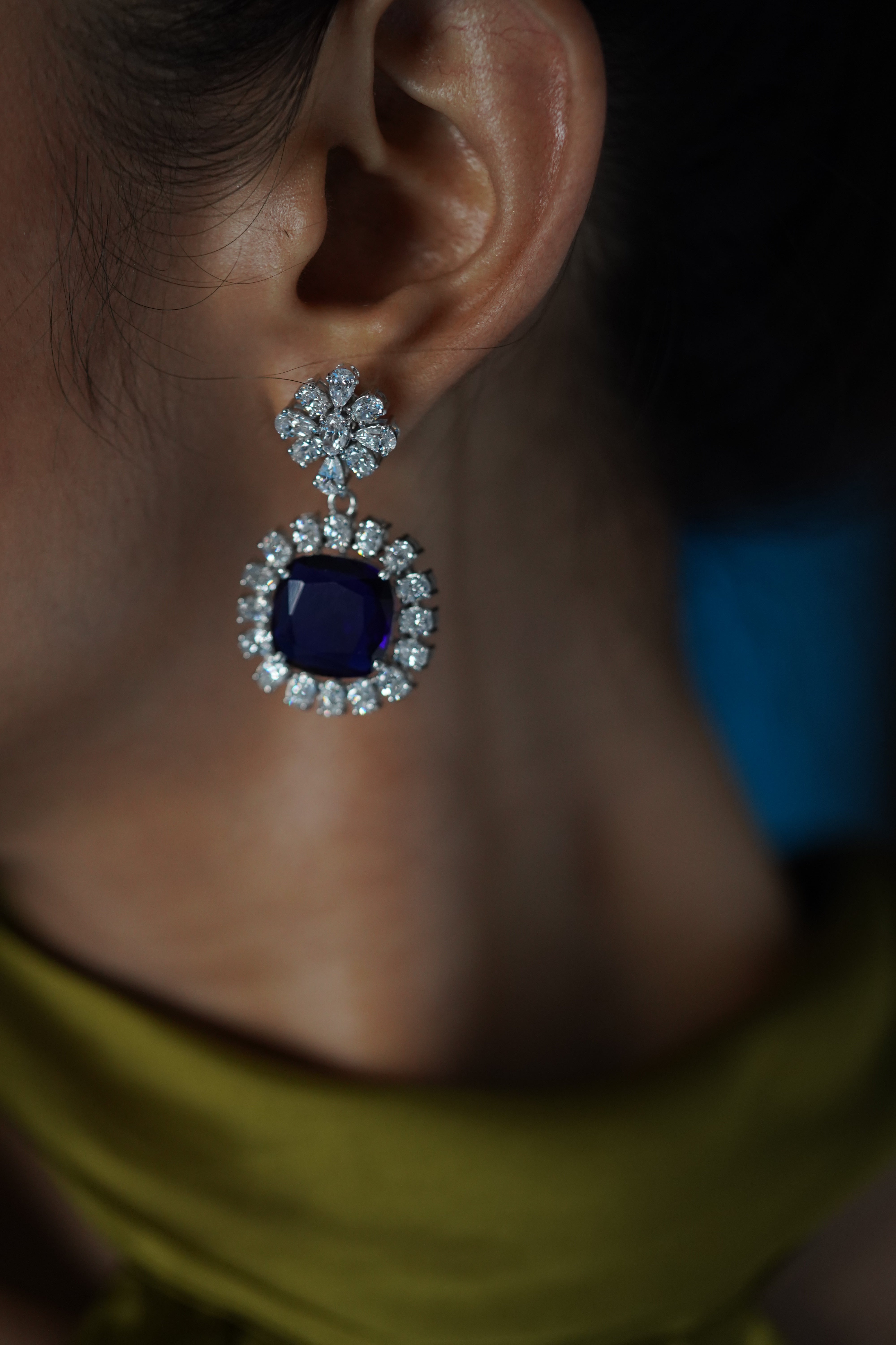 925 silver detachable blue sapphire statement drop earrings with cushion-cut gemstone and halo of diamond-look stones, floral top design