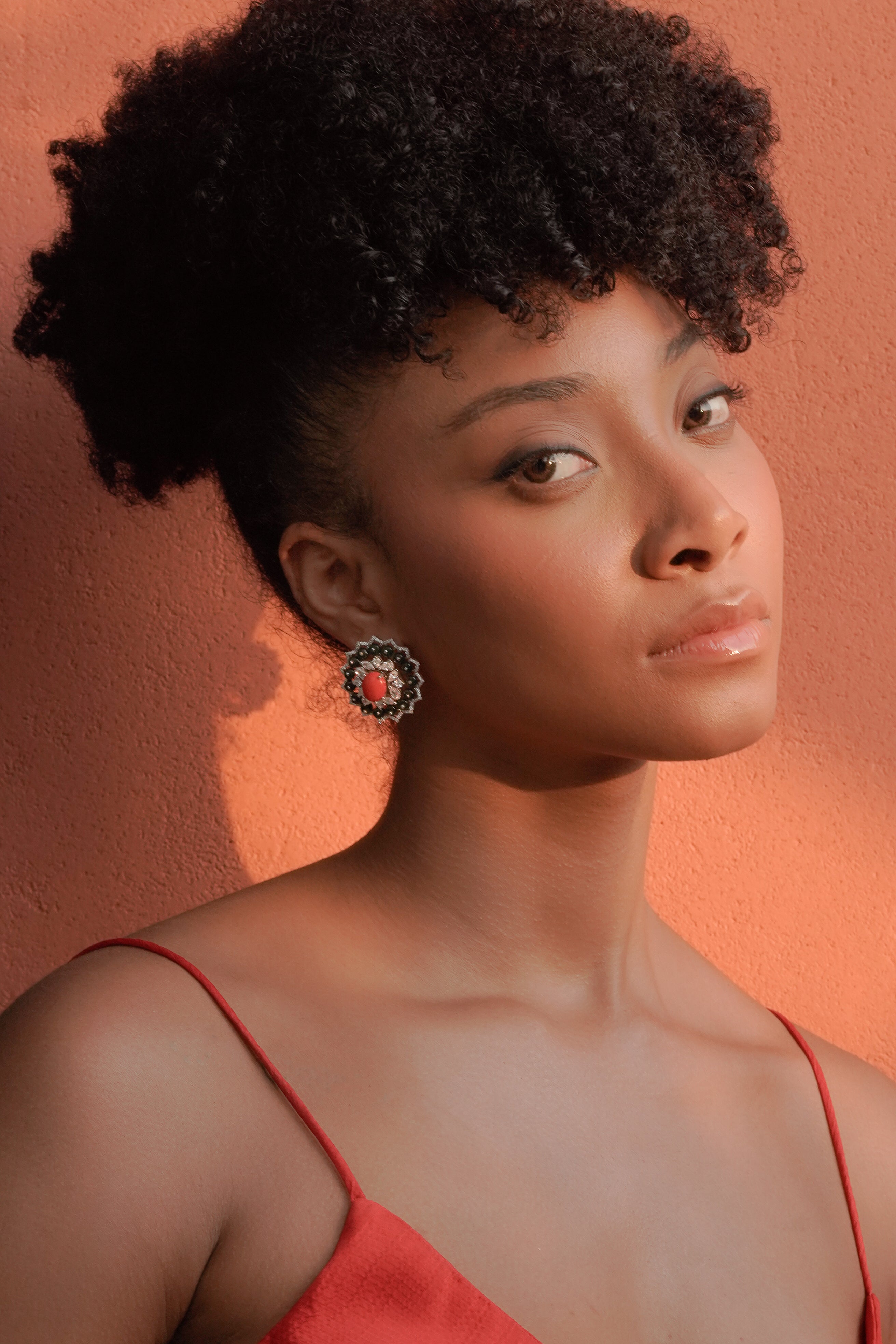 green and coral floral statement stud earrings in 925 silver