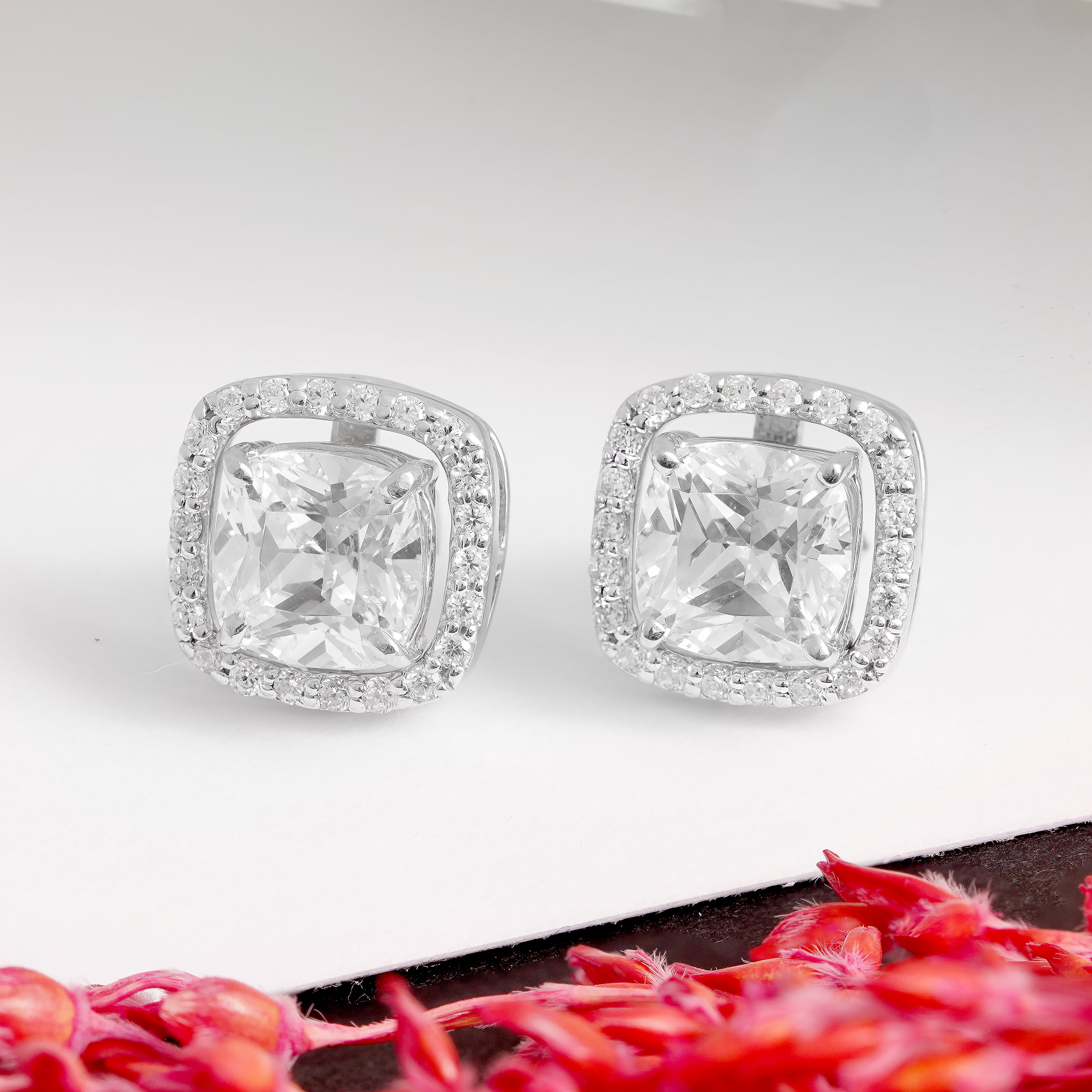 Detachable Cushion Halo Solitaire Studs